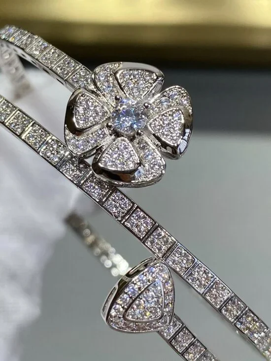 Bulgari Silver Crystal Floral Double Cuff Bracelet - Picture 5 of 5